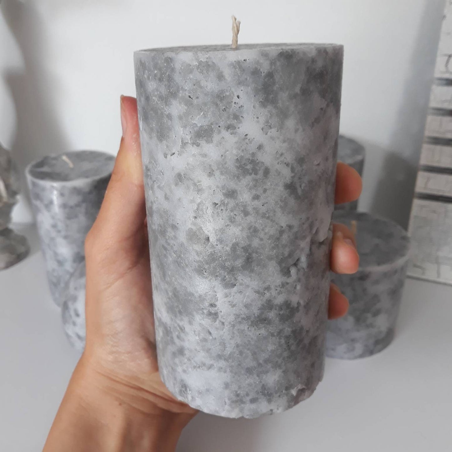 Grey pillar candles Unique decorative candles with marble texture. Industrial style decor for office or home. Choose the size