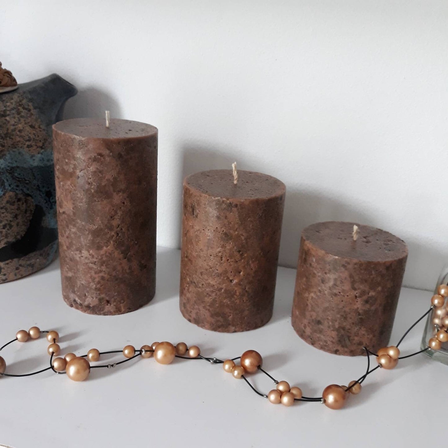 Dark Brown pillar candles. Decorative candles. Designer candles for brown centerpieces.