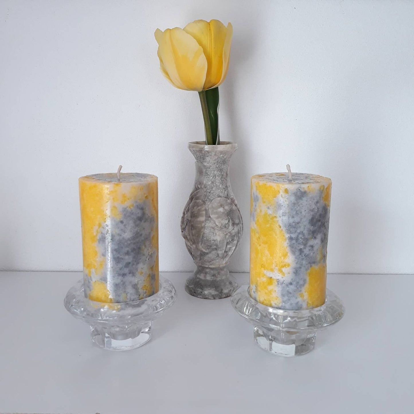 Yellow And Gray Pillar Candles. Decorative candle for mindfulness gift, or unique home decor. Сhoose a size