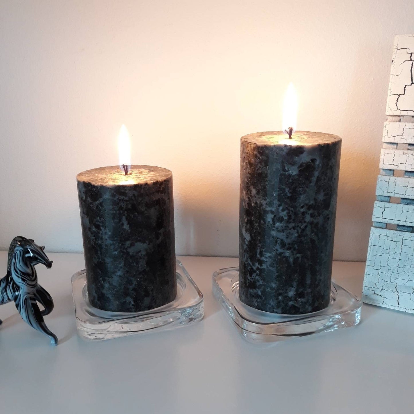 Black pillar candles. Unique decorative candle gift, black marble-textured. Unscented candles