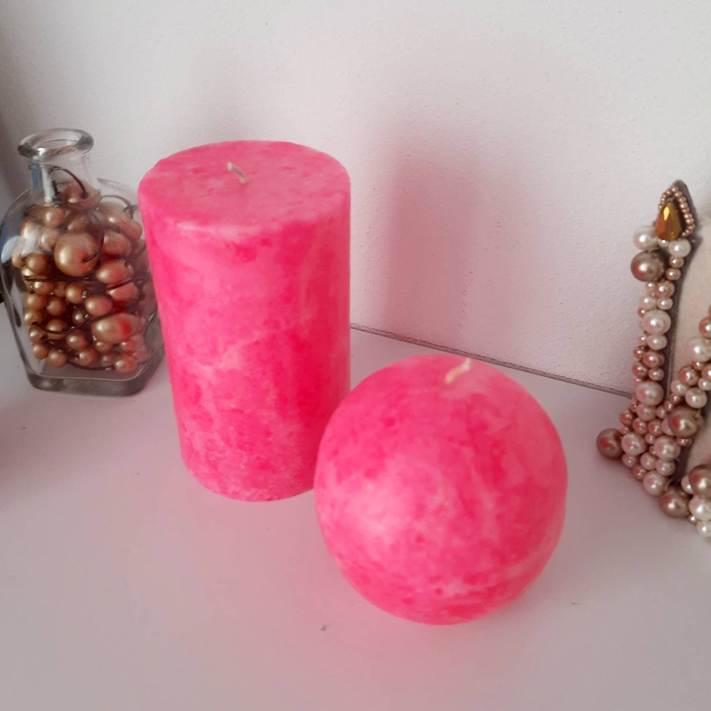 Bright pink candle. Hot pink decorative candles. Fluorescent pink pillar candles. Neon pink girly home decor.