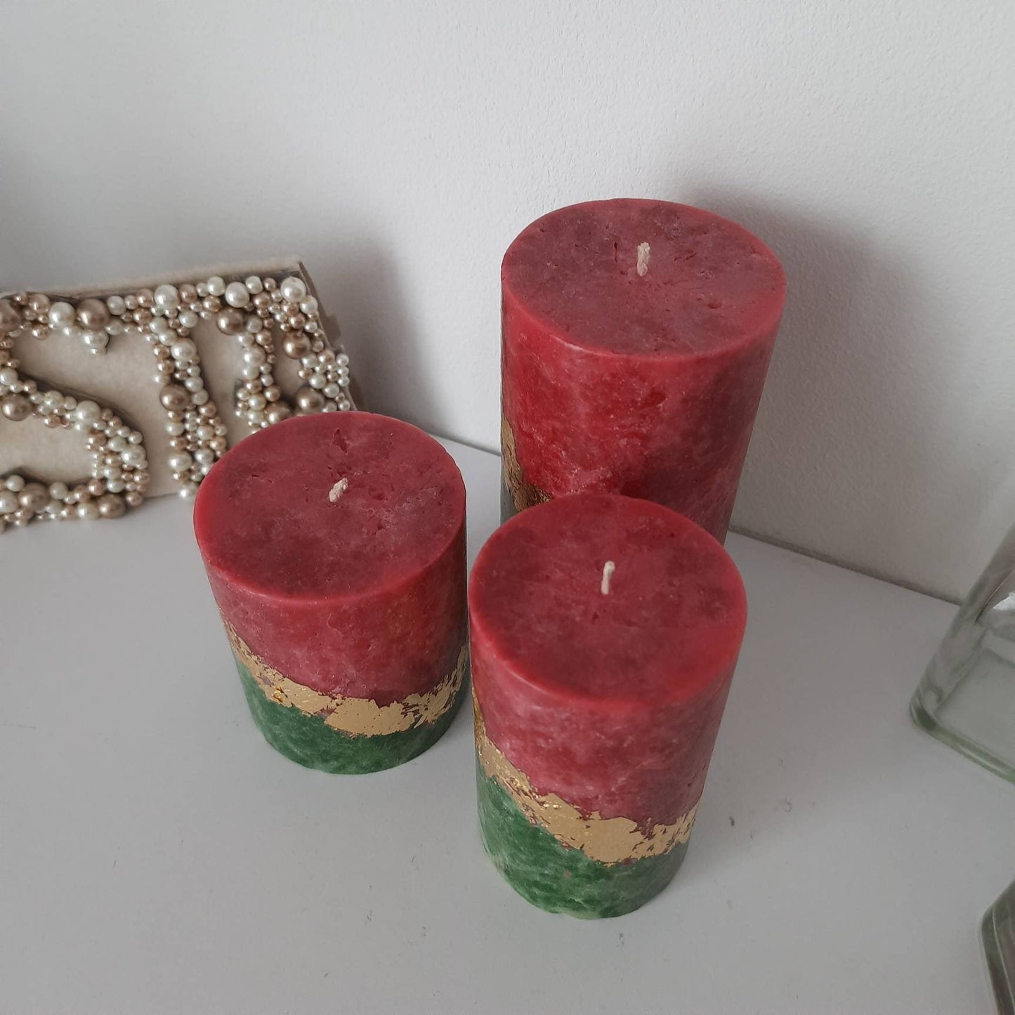 Set of 3 red green gold Christmas candles. Decorative candles for Christmas decor or Christmas gift. Unscented candles.