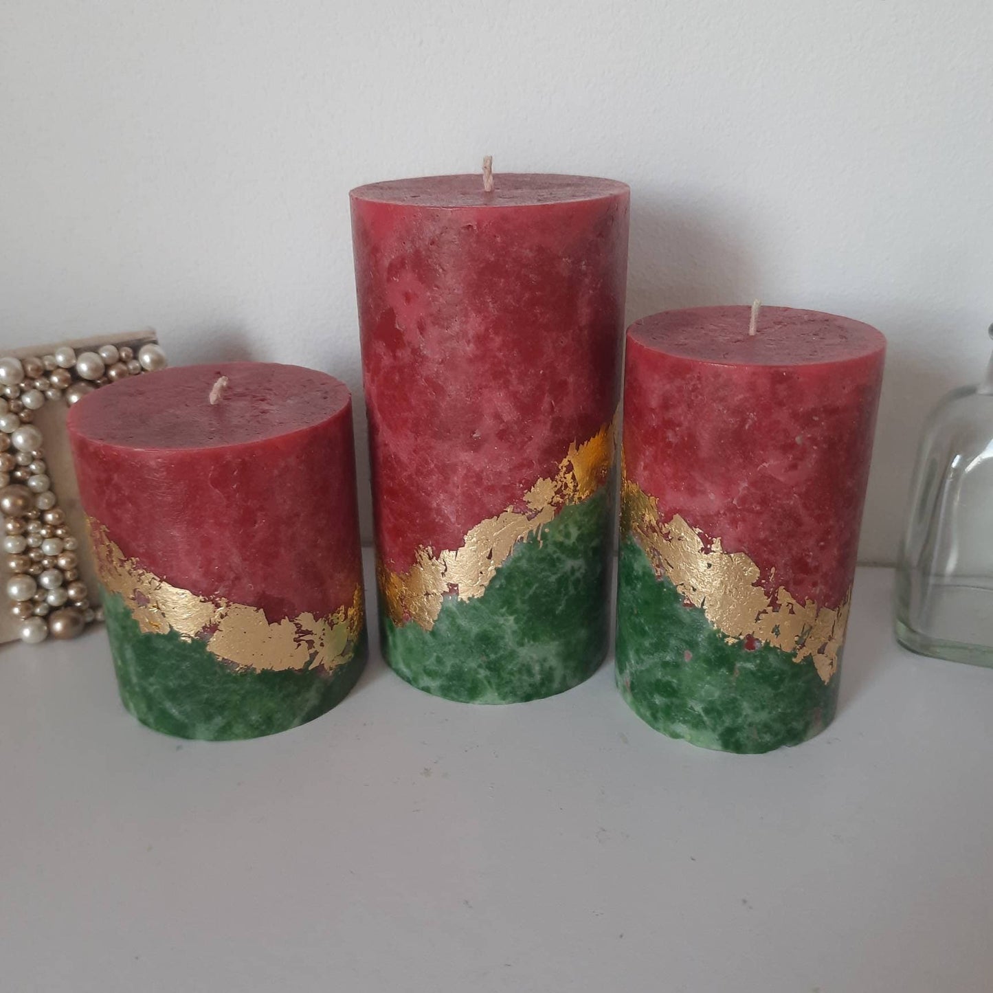 Set of 3 red green gold Christmas candles. Decorative candles for Christmas decor or Christmas gift. Unscented candles.