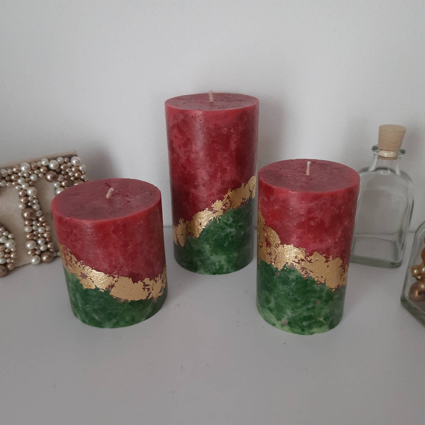 Set of 3 red green gold Christmas candles. Decorative candles for Christmas decor or Christmas gift. Unscented candles.