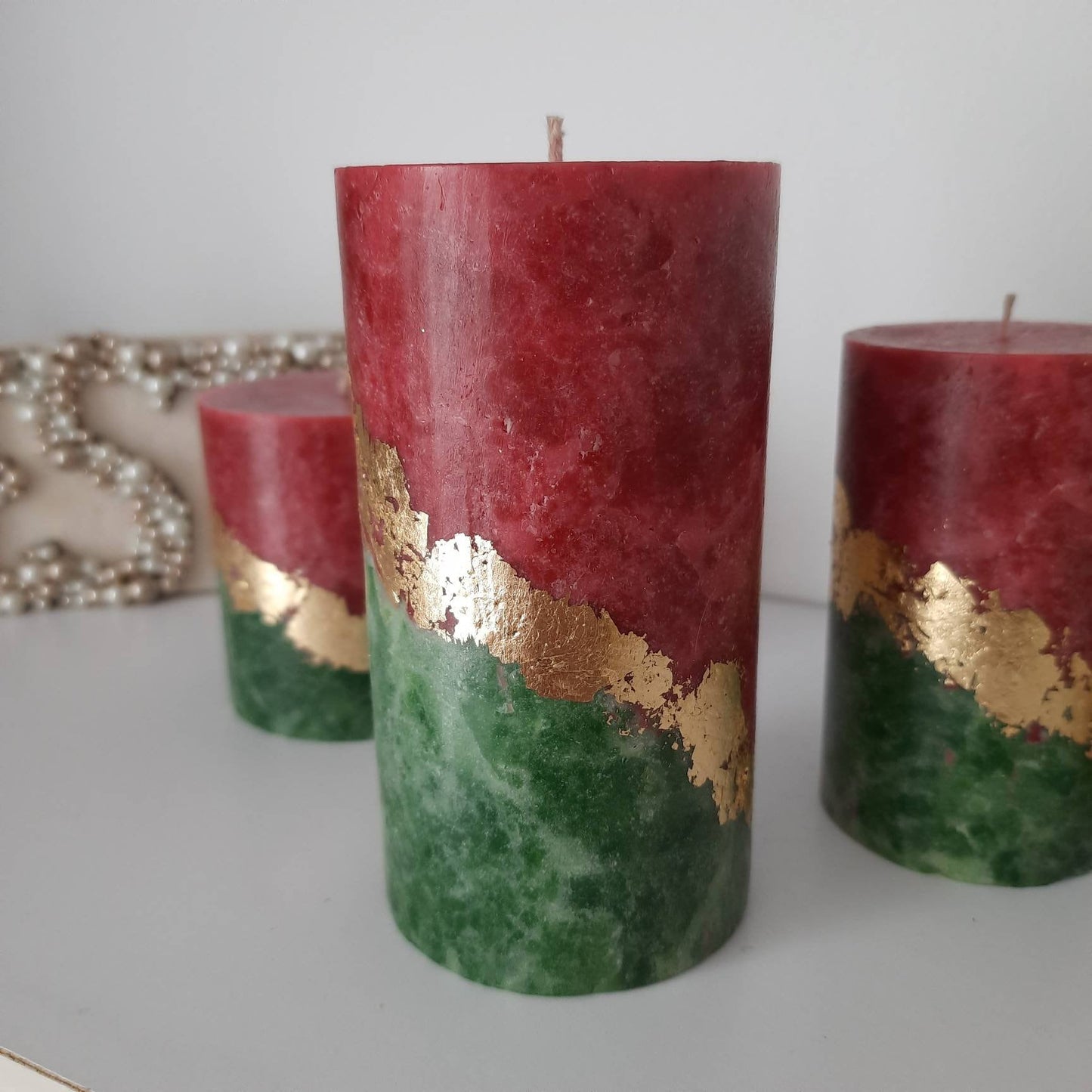 Set of 3 red green gold Christmas candles. Decorative candles for Christmas decor or Christmas gift. Unscented candles.