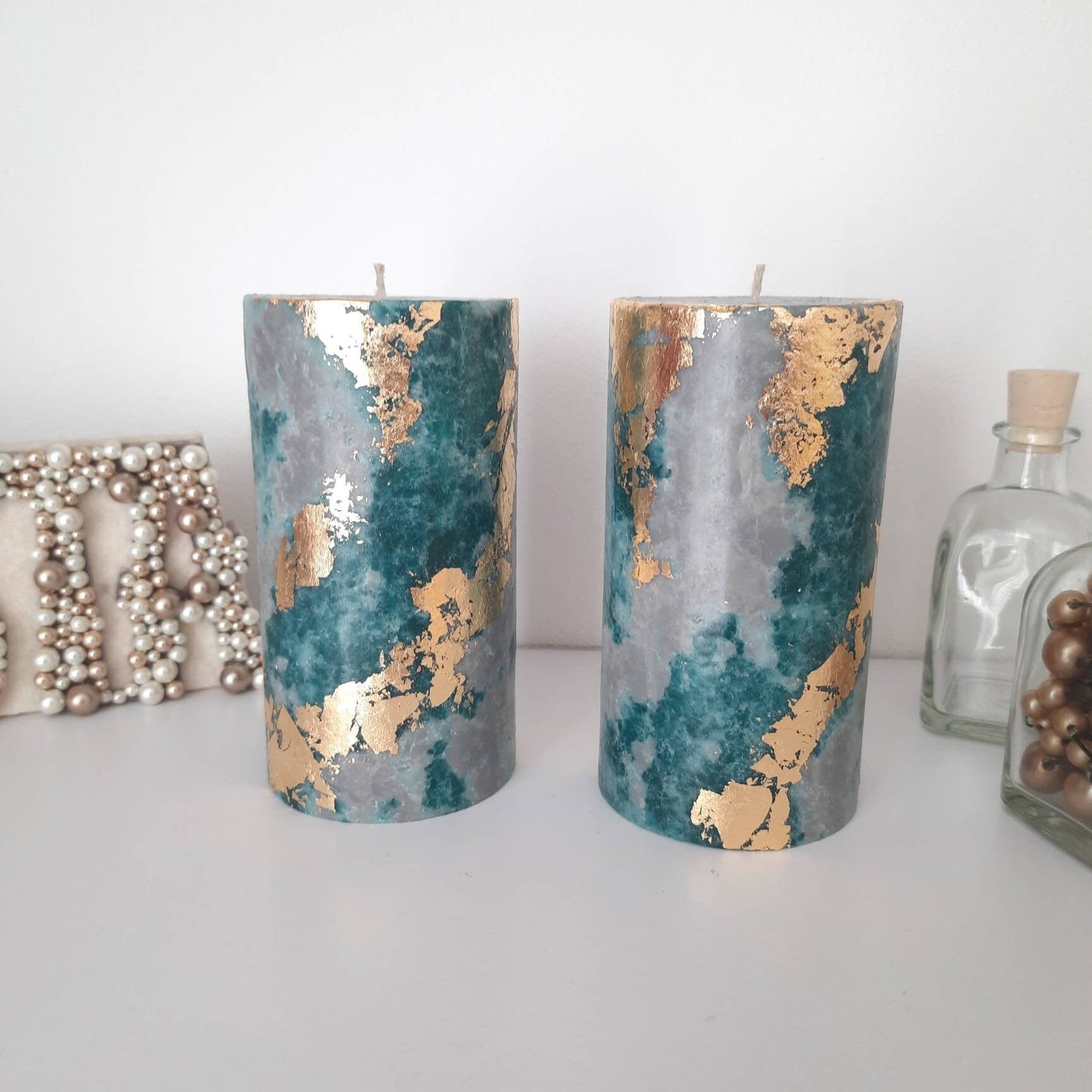 Teal Gray Gold PIllar Candles, Unique candles for Teal Gray decor. Turquoise Decorative candle gift. Unscented candle.Choose the size.
