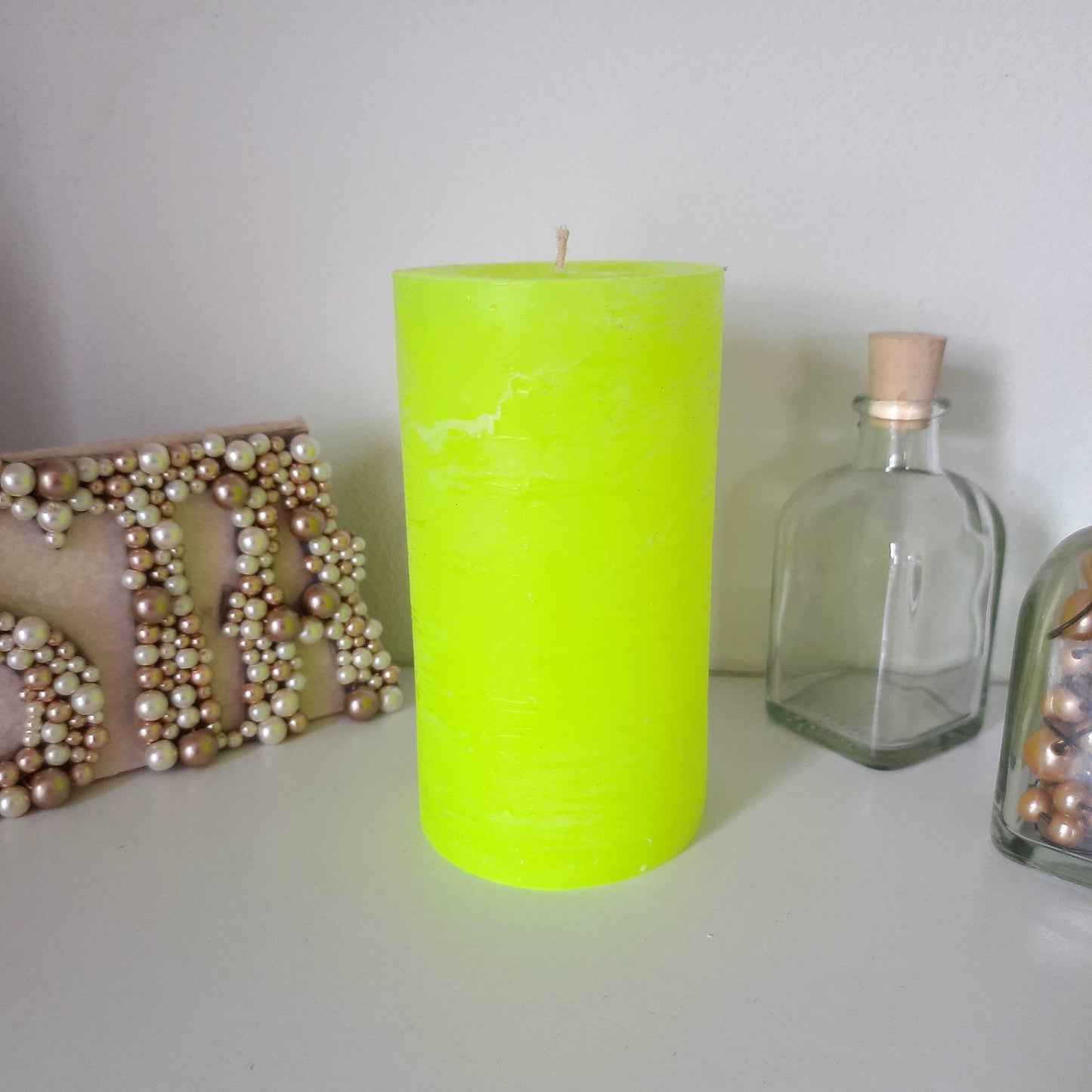 Neon yellow home decor. Fluorescent yellow candle. Rustic candles. Yellow pillar candles Unscented. Choose the size