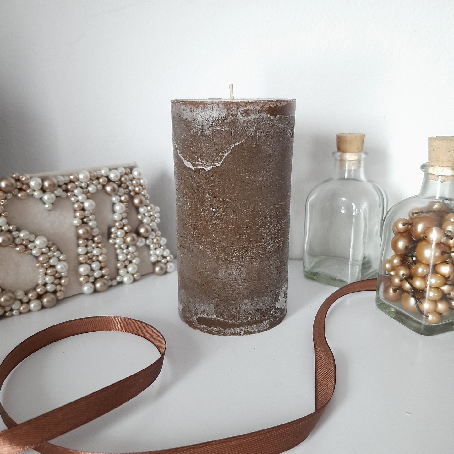 Dark Brown Pillar Candle - Unscented candle Rustic Textured Decorative candles - Choose Size