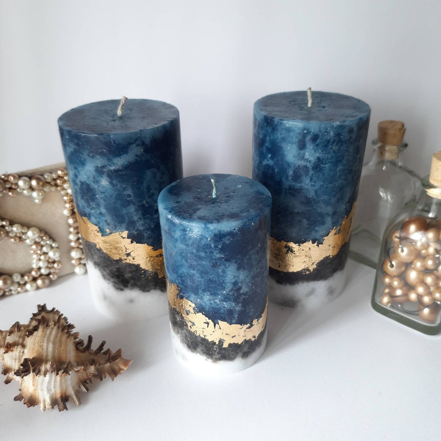 Navy blue pillar candles. Designer candle. Unique candle with gold decor.Unscented, choose size