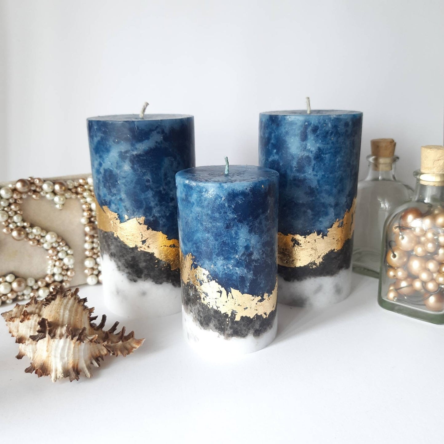 Navy blue pillar candles. Designer candle. Unique candle with gold decor.Unscented, choose size
