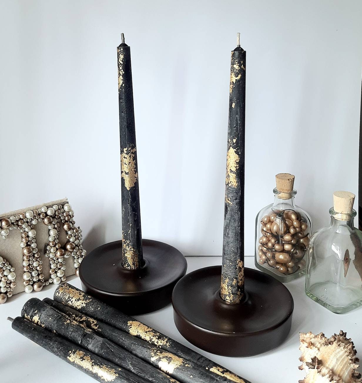 Black white gray taper candles. Set o 6 decorative candles sticks. Dinner candles 8 1/2" or 11"