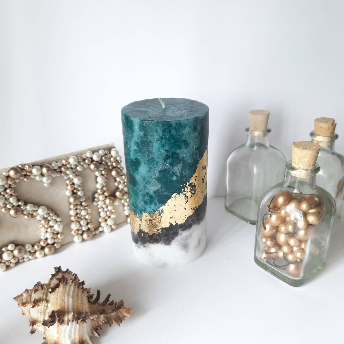 Gold Teal PIllar Candles, Unique candles for Teal decor. Turquoise Decorative candle gift. Unscented candles. Choose the size