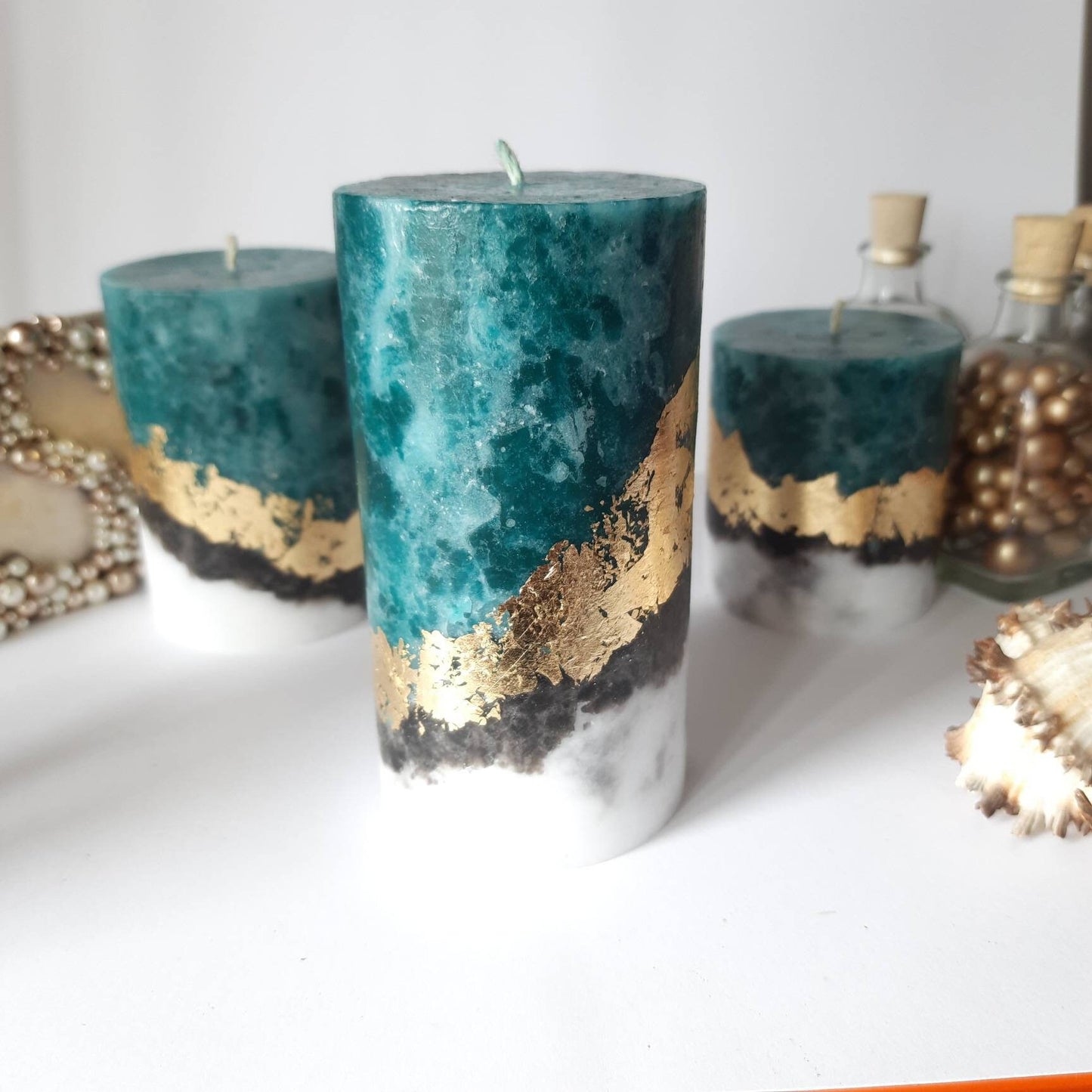 Gold Teal PIllar Candles, Unique candles for Teal decor. Turquoise Decorative candle gift. Unscented candles. Choose the size