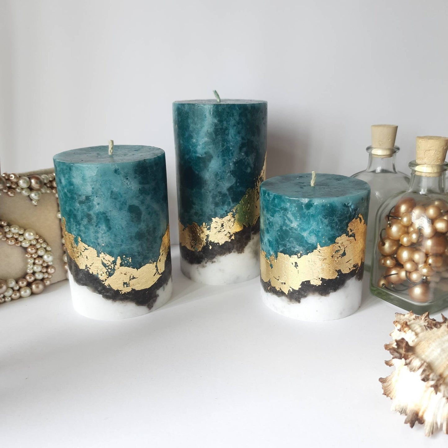 Gold Teal PIllar Candles, Unique candles for Teal decor. Turquoise Decorative candle gift. Unscented candles. Choose the size