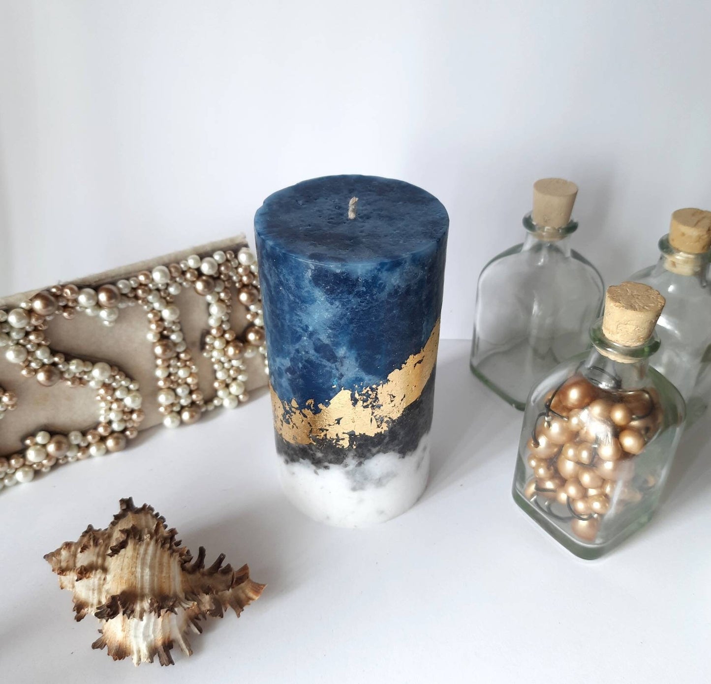 Navy blue pillar candles. Designer candle. Unique candle with gold decor.Unscented, choose size
