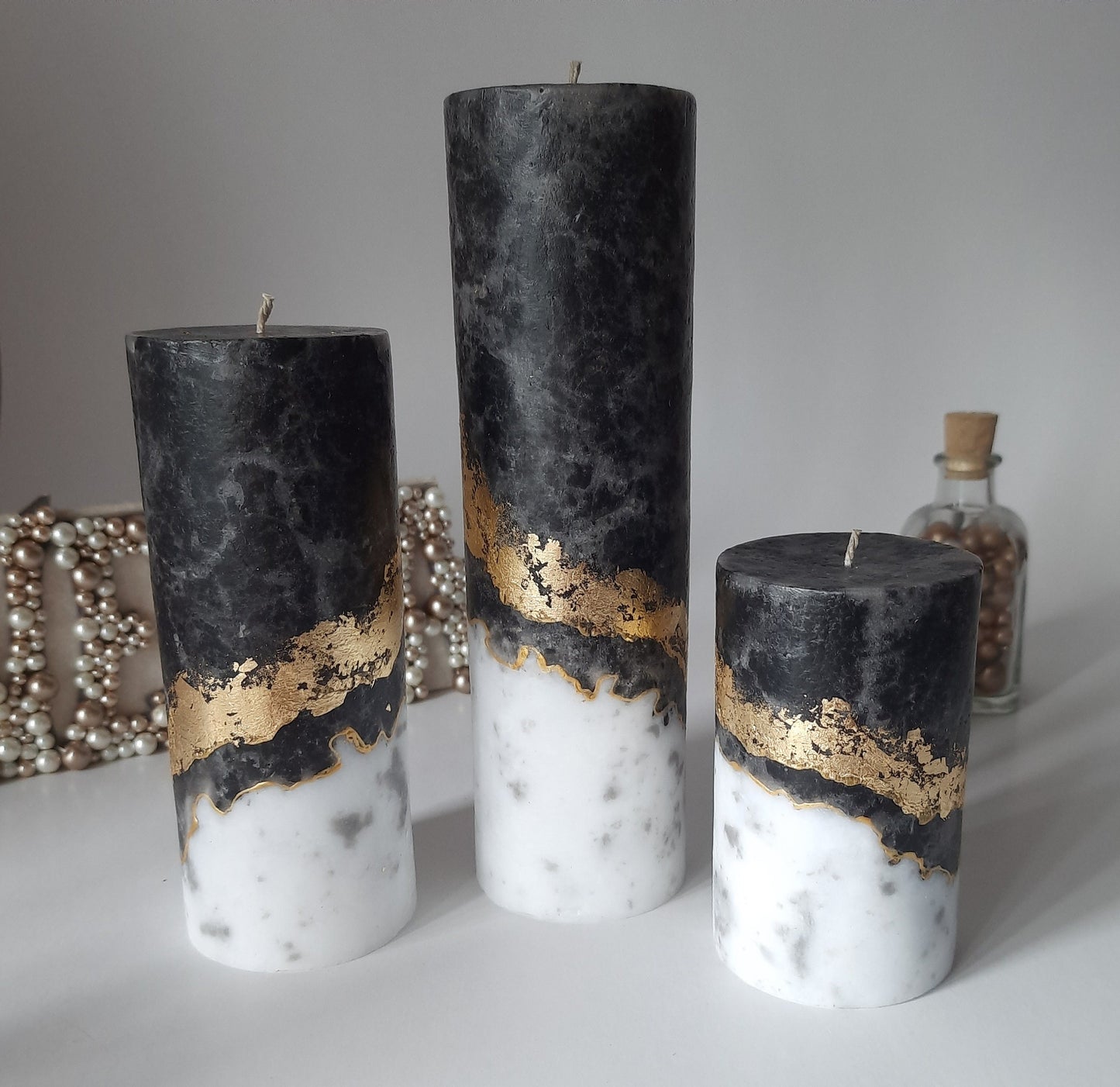 Set of 3 Black gold pillar candles. Unscented candles with gold decor. Candle gift set