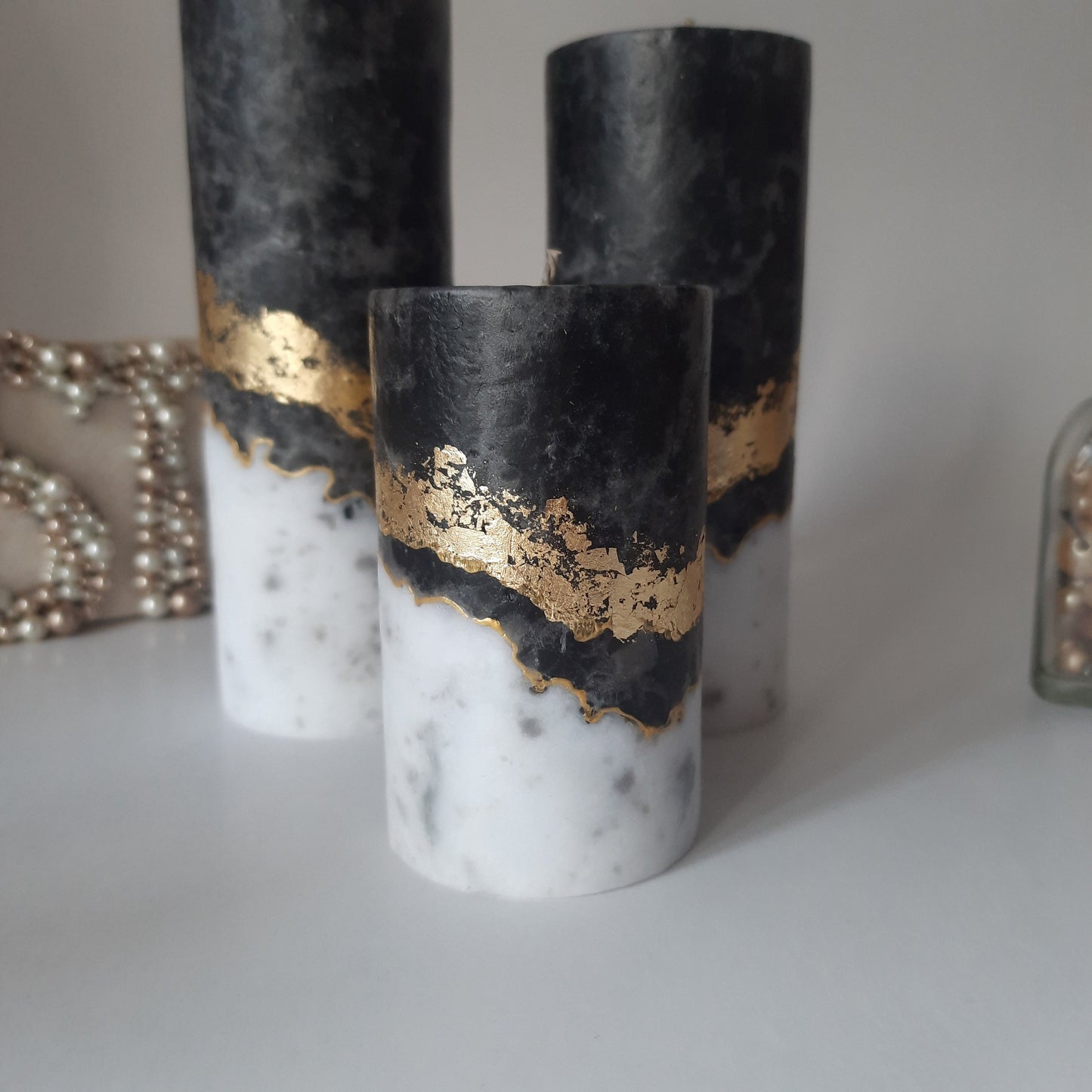 Set of 3 Black gold pillar candles. Unscented candles with gold decor. Candle gift set