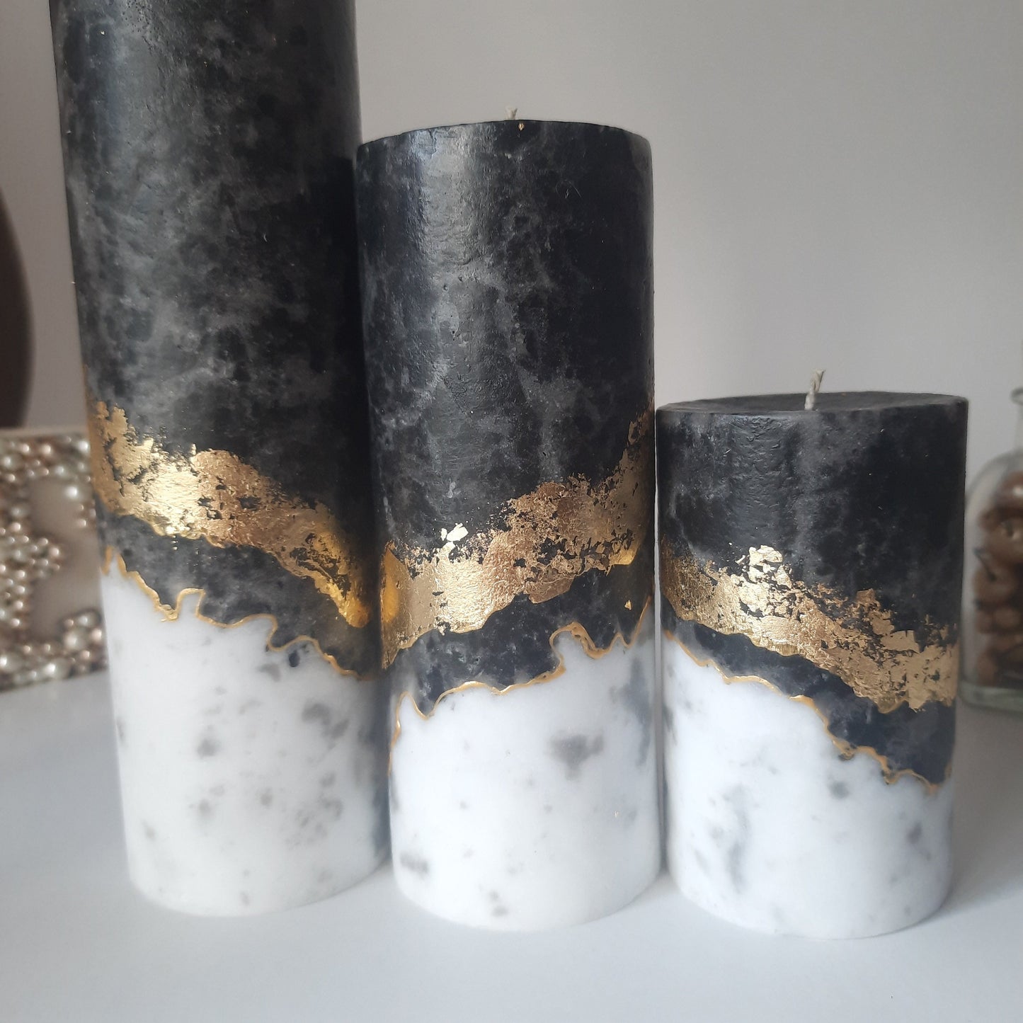 Set of 3 Black gold pillar candles. Unscented candles with gold decor. Candle gift set