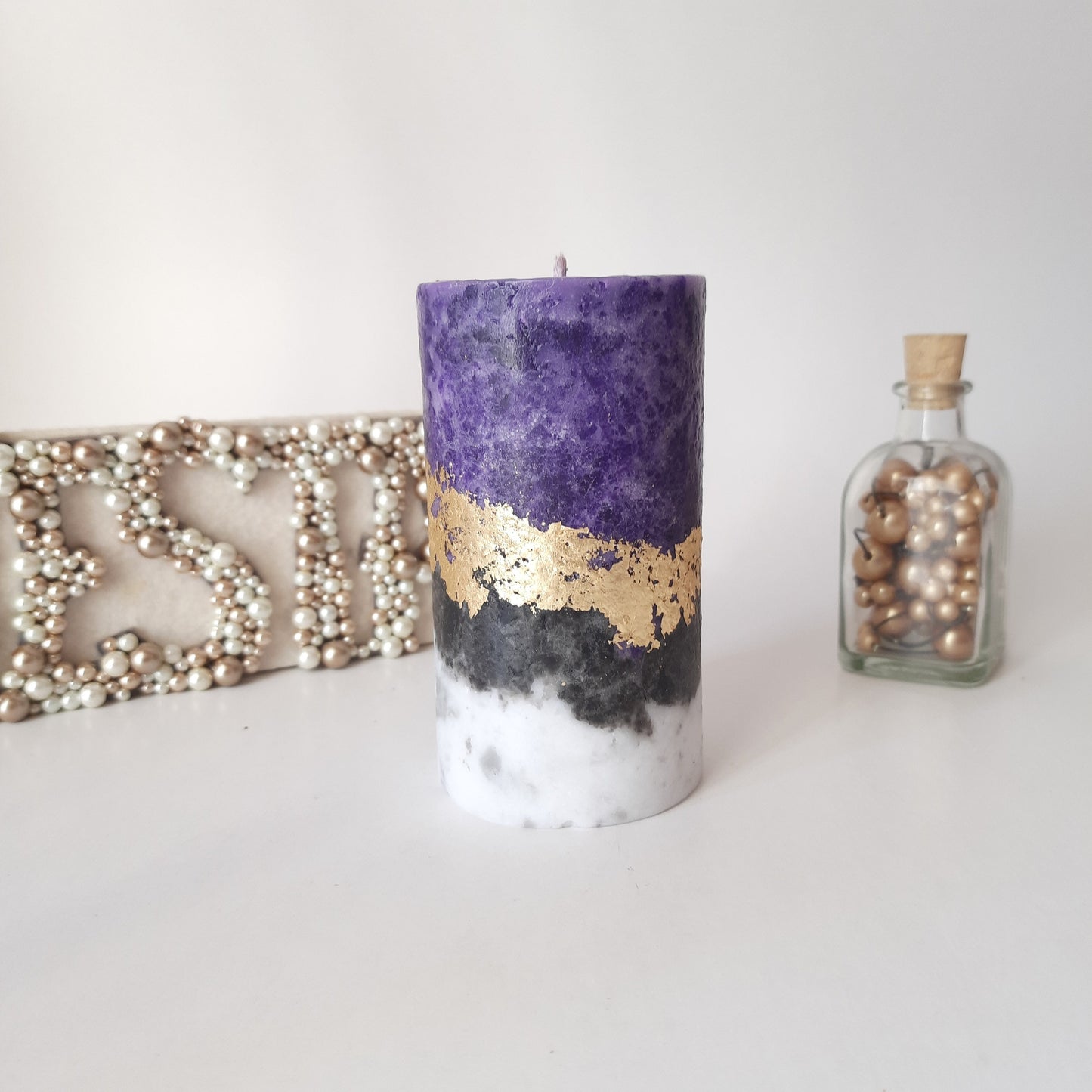 Dark Purple Gold Pillar Candles. Decorative candles for purple decor or candle gift. Unscented candles. Choose a size