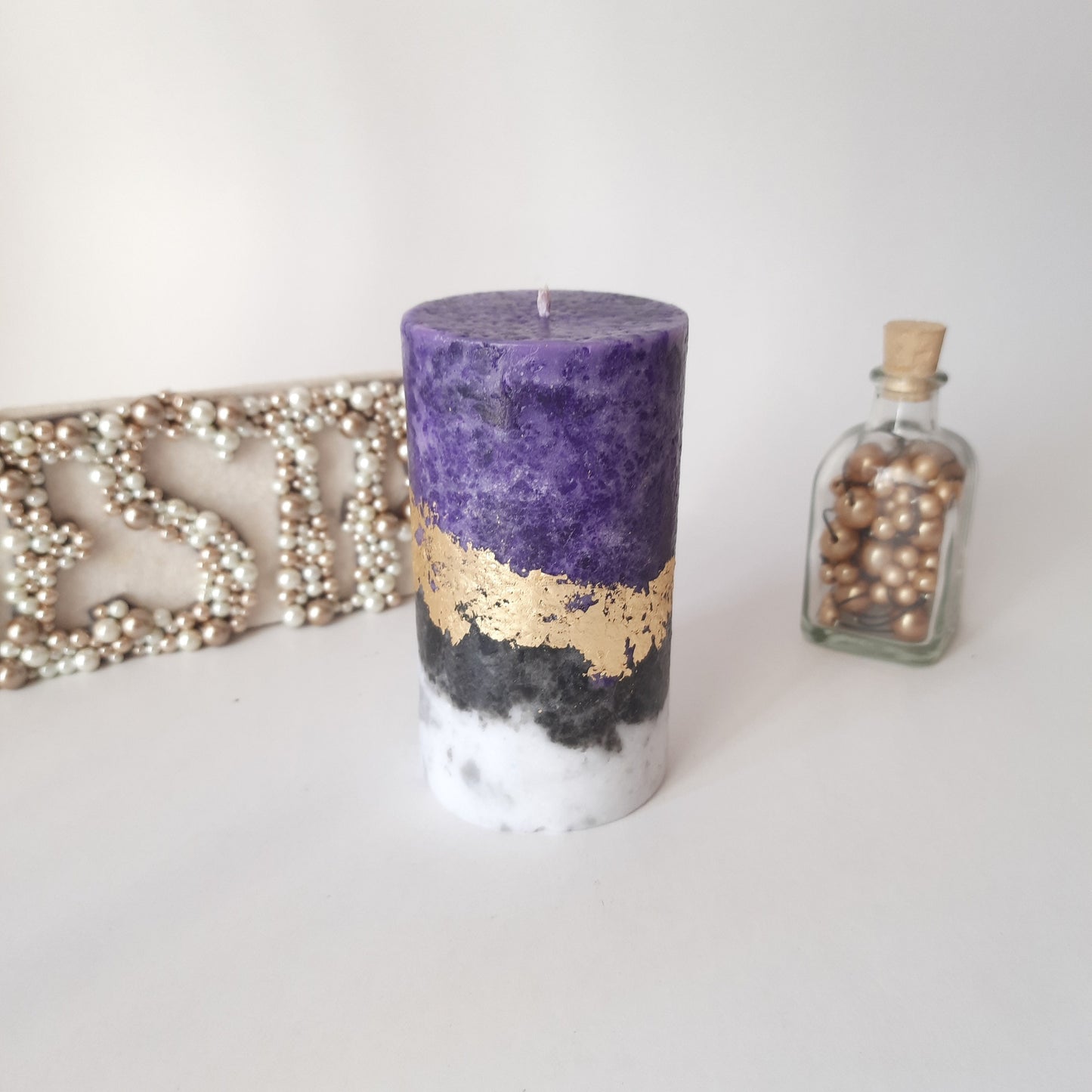 Dark Purple Gold Pillar Candles. Decorative candles for purple decor or candle gift. Unscented candles. Choose a size