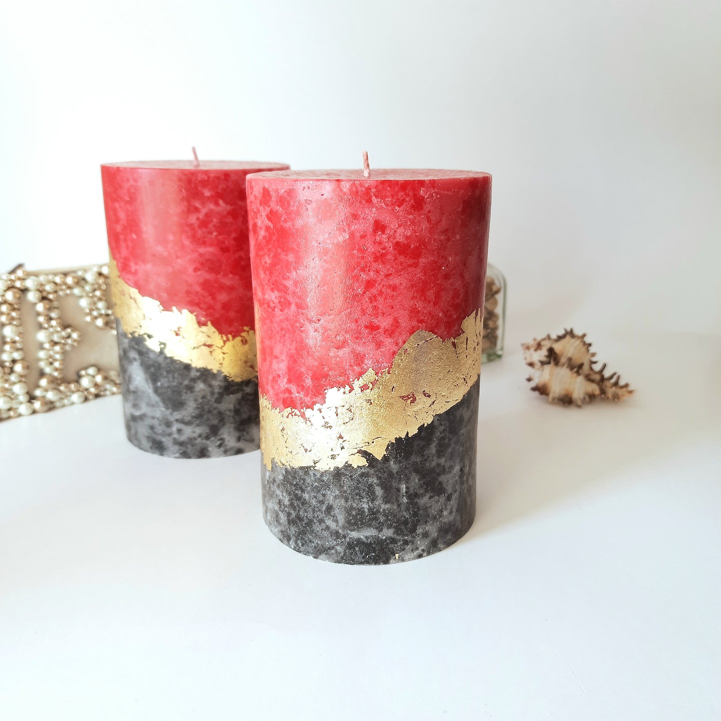 Black Red gold Pillar Candles. Decorative candles wthis gold decor. Wedding candles. Choose the size.