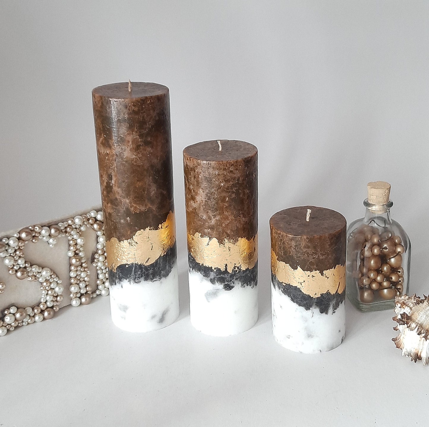 Set of 3 Brown pillar candles.Unique candle. Unscented candles with gold decor. Designer Candle gift set