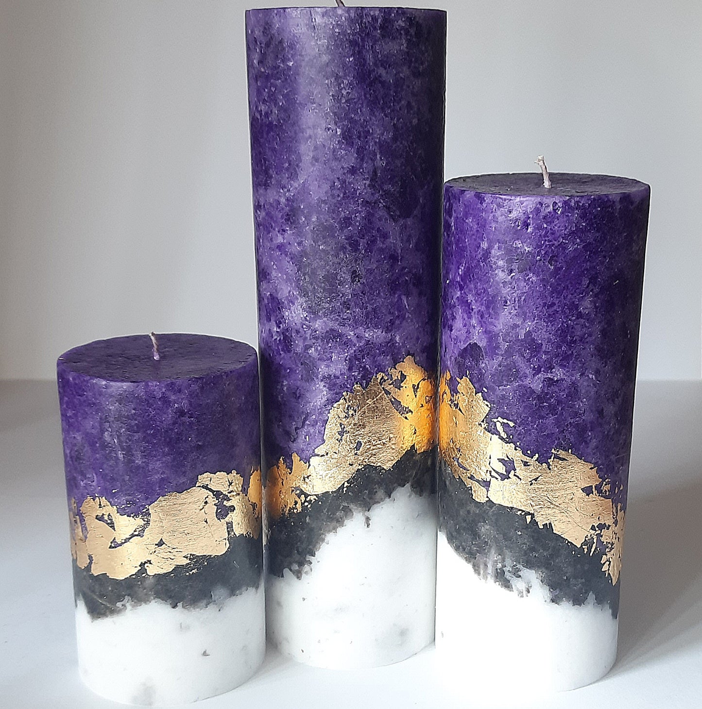 Set of 3 Dark purple pillar candles. Unique candle. Unscented candles with gold decor. Designer Candle gift set