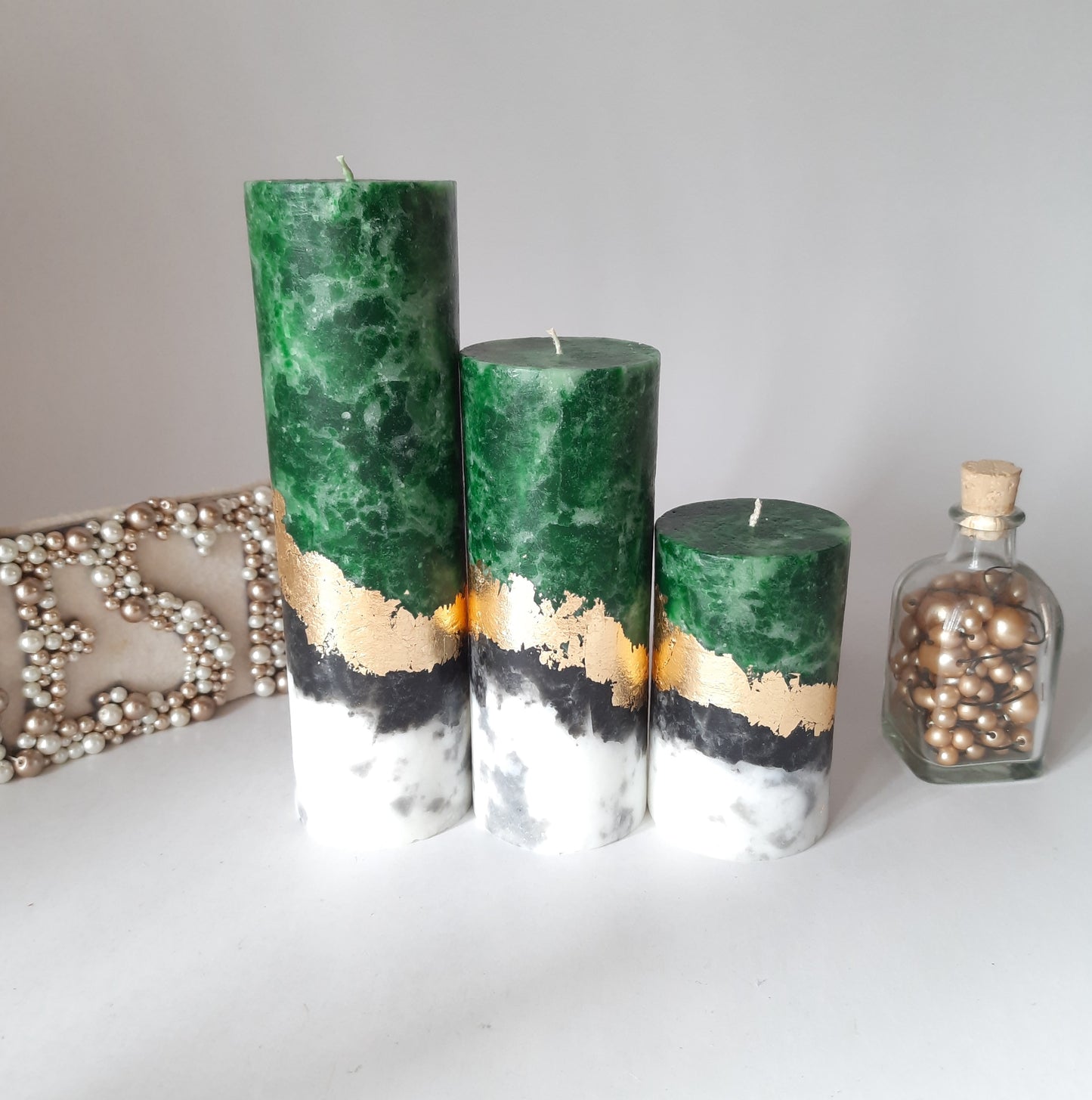 Set of 3 Emerald green pillar candles. Unique candle. Unscented candles with gold decor. Designer Candle gift set