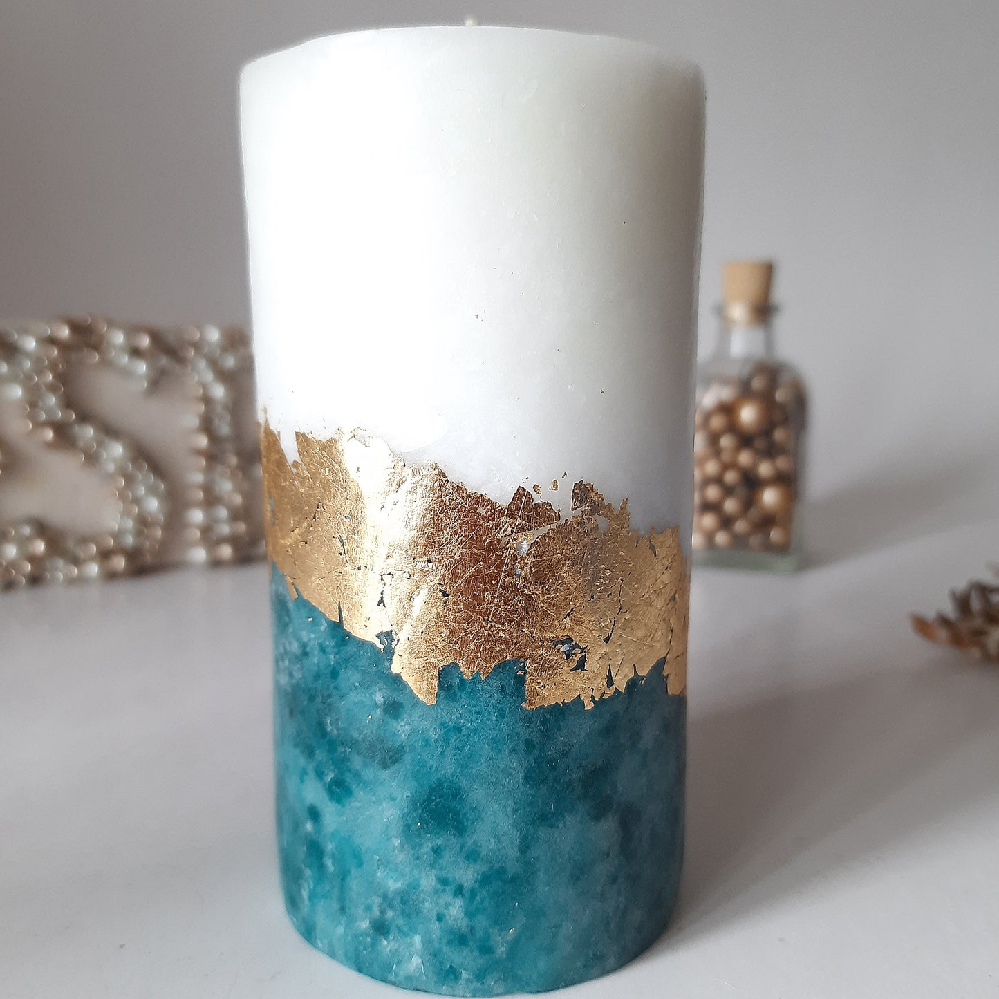 Teal Gold Pillar Candles. Decorative candles for teal gold decor or candle gift. Unscented candles. Choose a size
