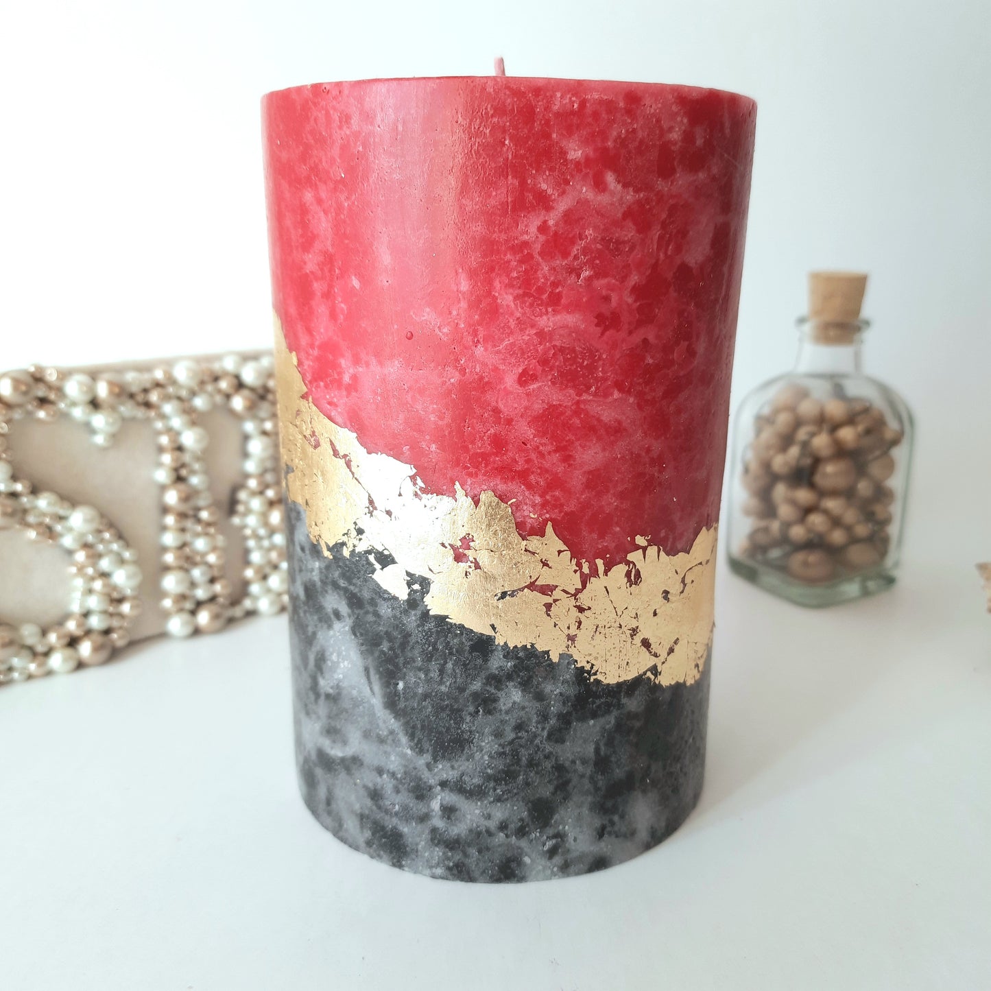 Black Red gold Pillar Candles. Decorative candles wthis gold decor. Wedding candles. Choose the size.