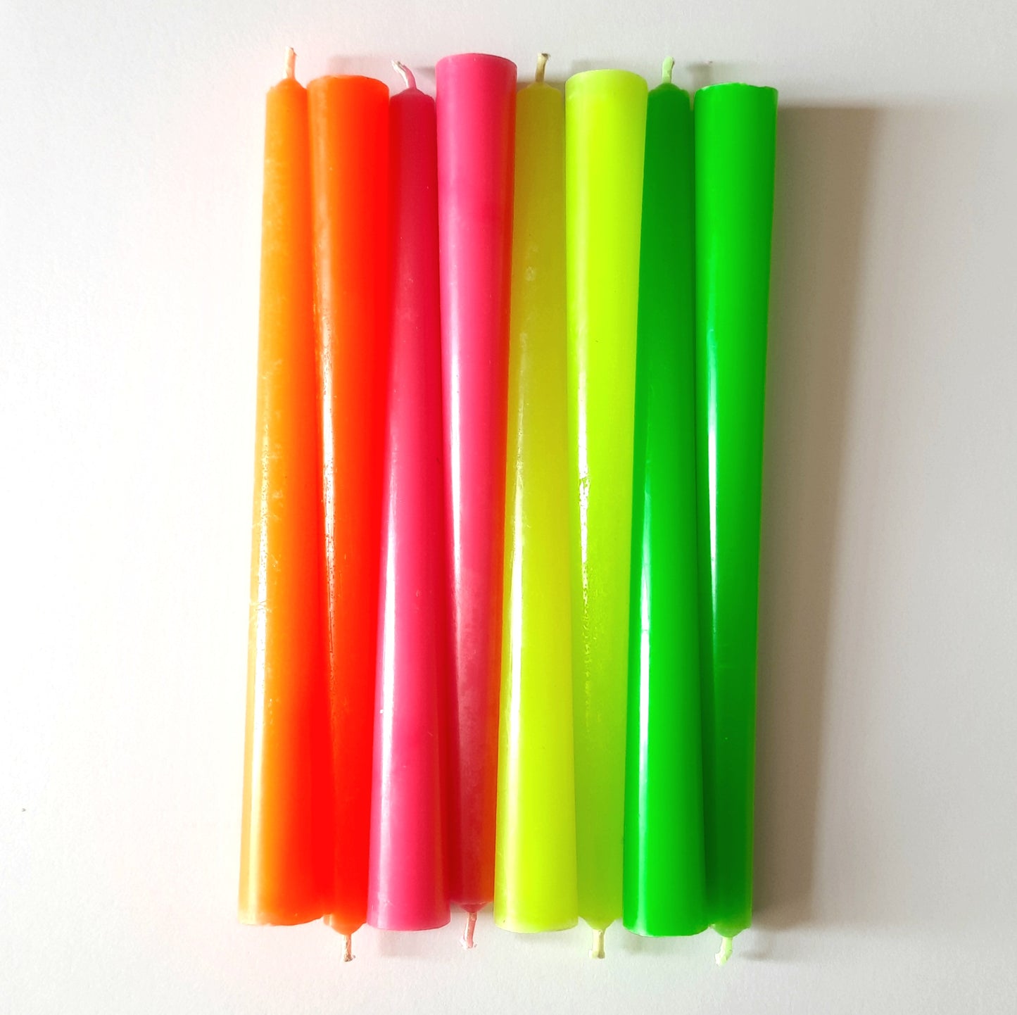 Neon taper candles. Set o 6 decorative candles sticks. Bright Hot Pink Orange Green Yellow Dinner candles 8 1/2" or 11"