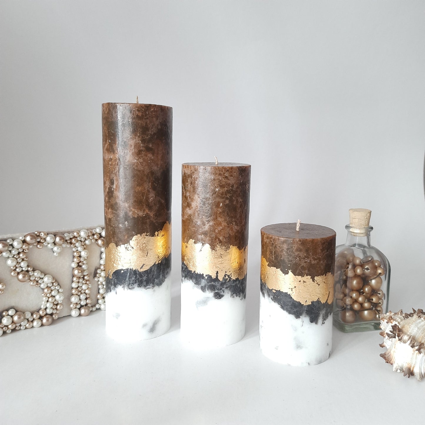 Set of 3 Brown pillar candles.Unique candle. Unscented candles with gold decor. Designer Candle gift set