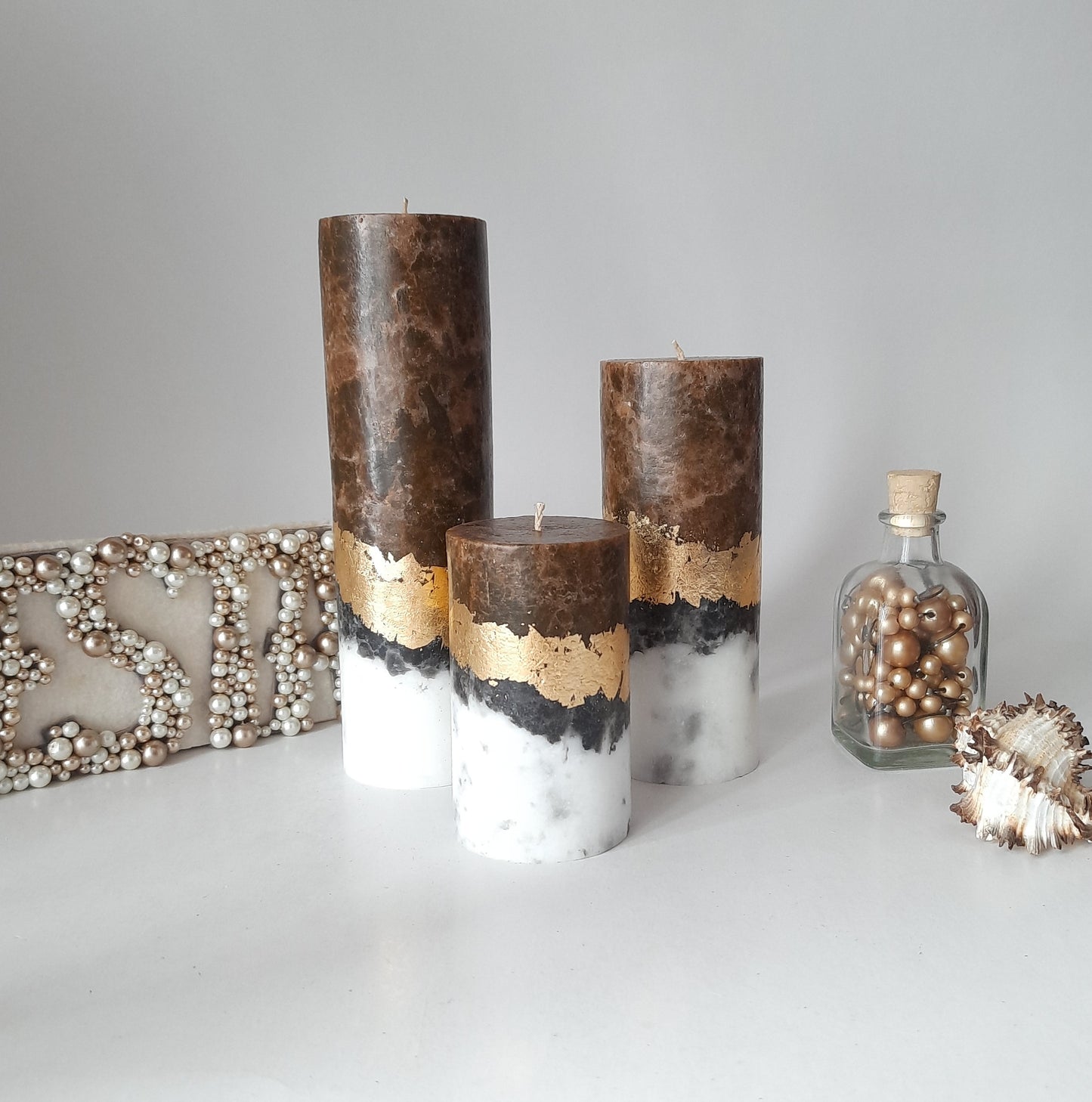 Set of 3 Brown pillar candles.Unique candle. Unscented candles with gold decor. Designer Candle gift set