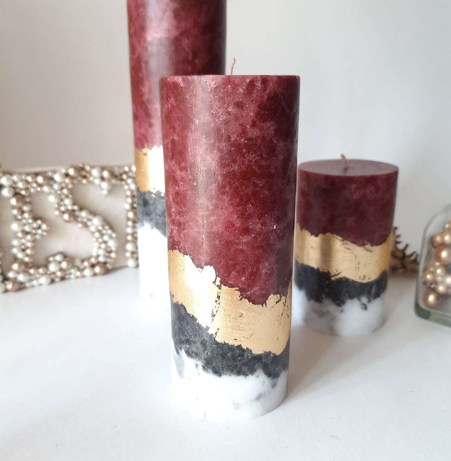 Set of 3 Burgundy pillar candles. Unique candle. Decorative candles, Unscented candles with gold decor. Designer Candle gift set