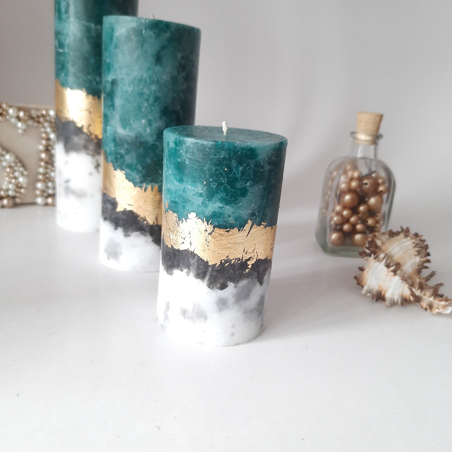Set of 3 Teal pillar candles.Unique candle. Unscented candles with gold decor. Designer Candle gift set