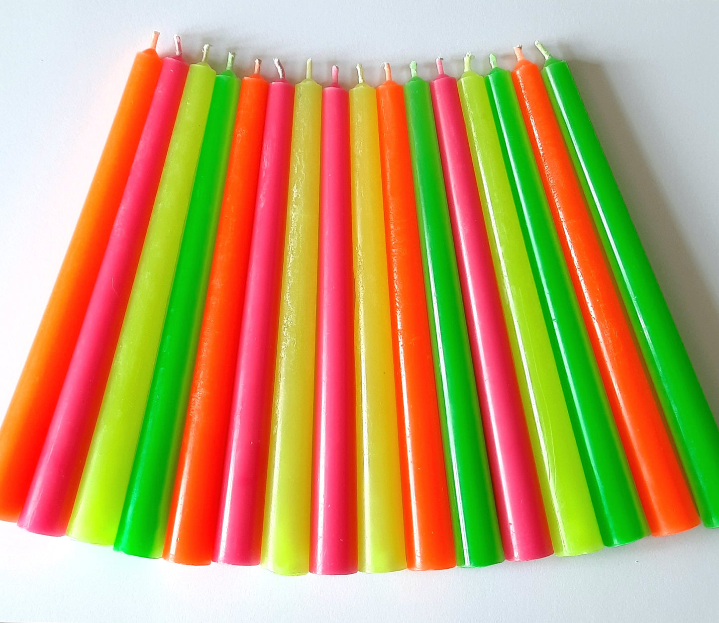 Neon taper candles. Set o 6 decorative candles sticks. Bright Hot Pink Orange Green Yellow Dinner candles 8 1/2" or 11"