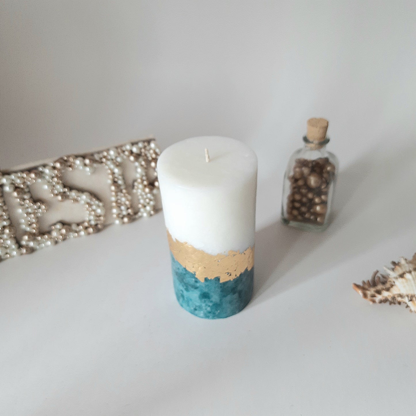 Teal Gold Pillar Candles. Decorative candles for teal gold decor or candle gift. Unscented candles. Choose a size