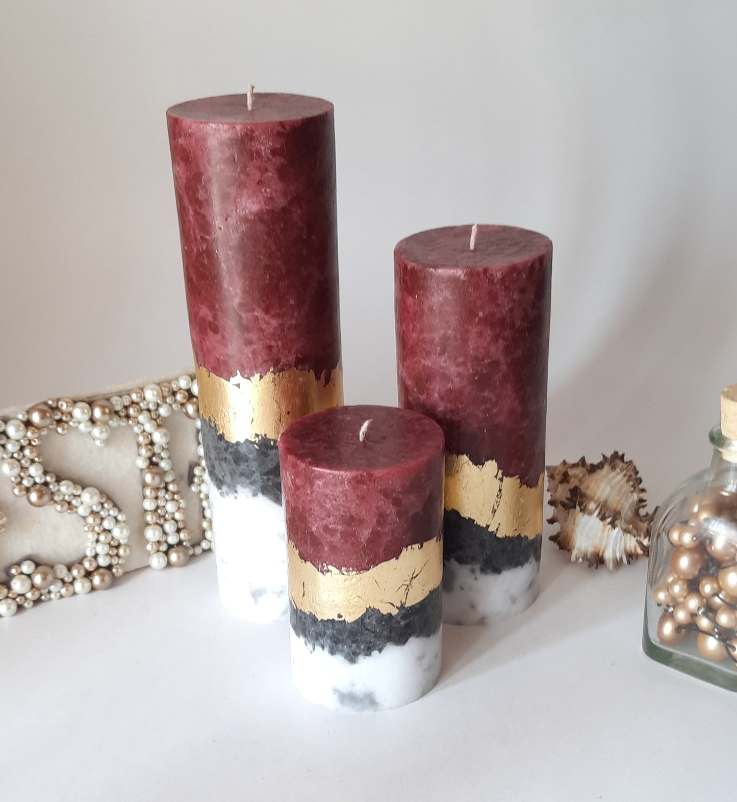 Set of 3 Burgundy pillar candles. Unique candle. Decorative candles, Unscented candles with gold decor. Designer Candle gift set