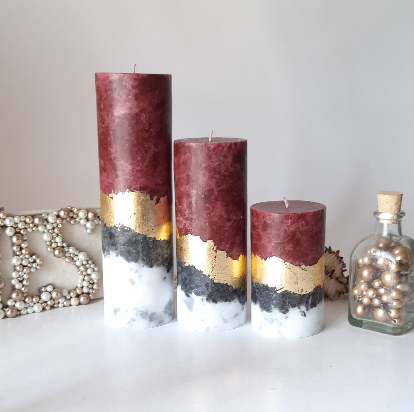Set of 3 Burgundy pillar candles. Unique candle. Decorative candles, Unscented candles with gold decor. Designer Candle gift set
