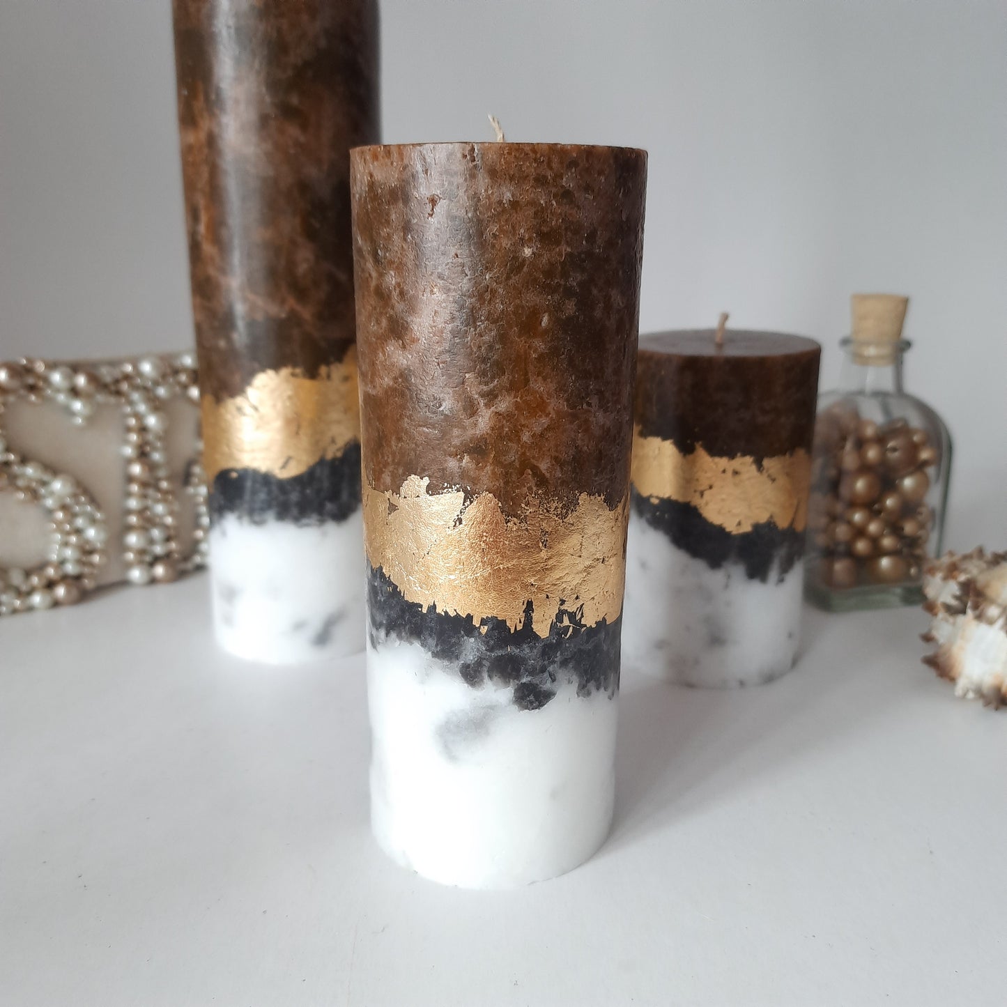 Set of 3 Brown pillar candles.Unique candle. Unscented candles with gold decor. Designer Candle gift set