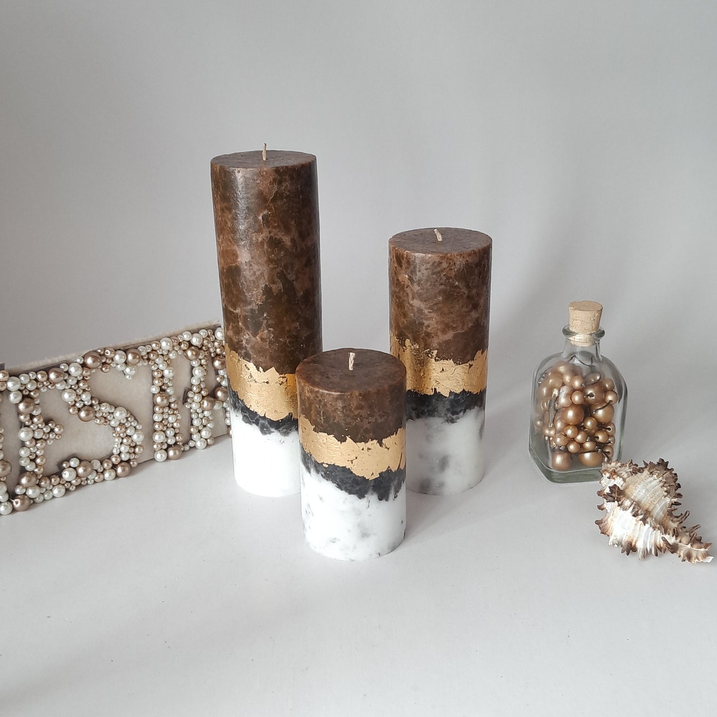 Set of 3 Brown pillar candles.Unique candle. Unscented candles with gold decor. Designer Candle gift set
