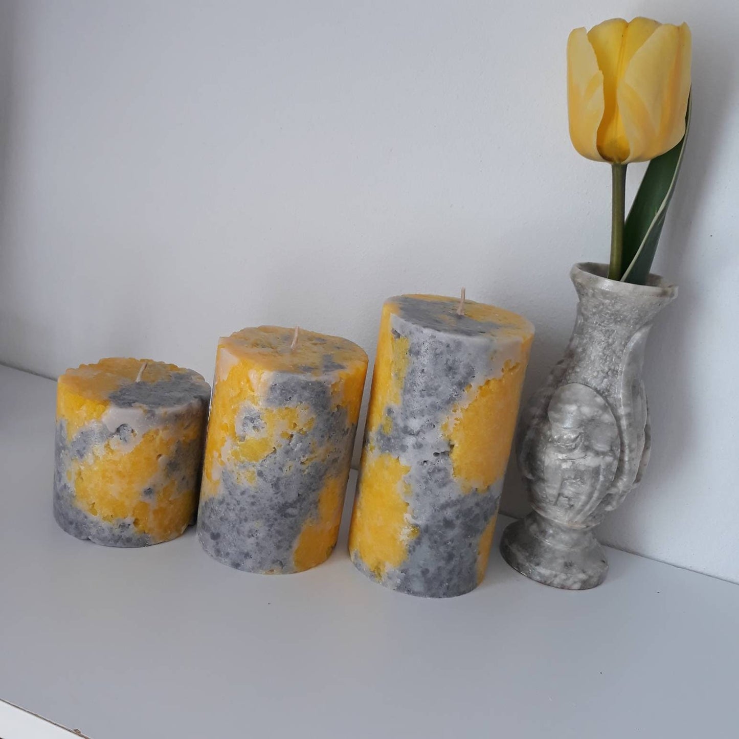 Set of 3 Yellow And Gray Pillar Candles. Decorative candle for unique home decor.Unscented Designer Candle gift set