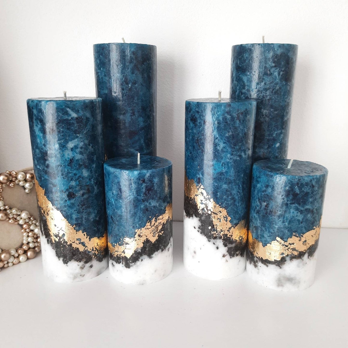 Set of 3 Navy blue pillar candles. Unique unscented candles with gold decor. Designer marble candles