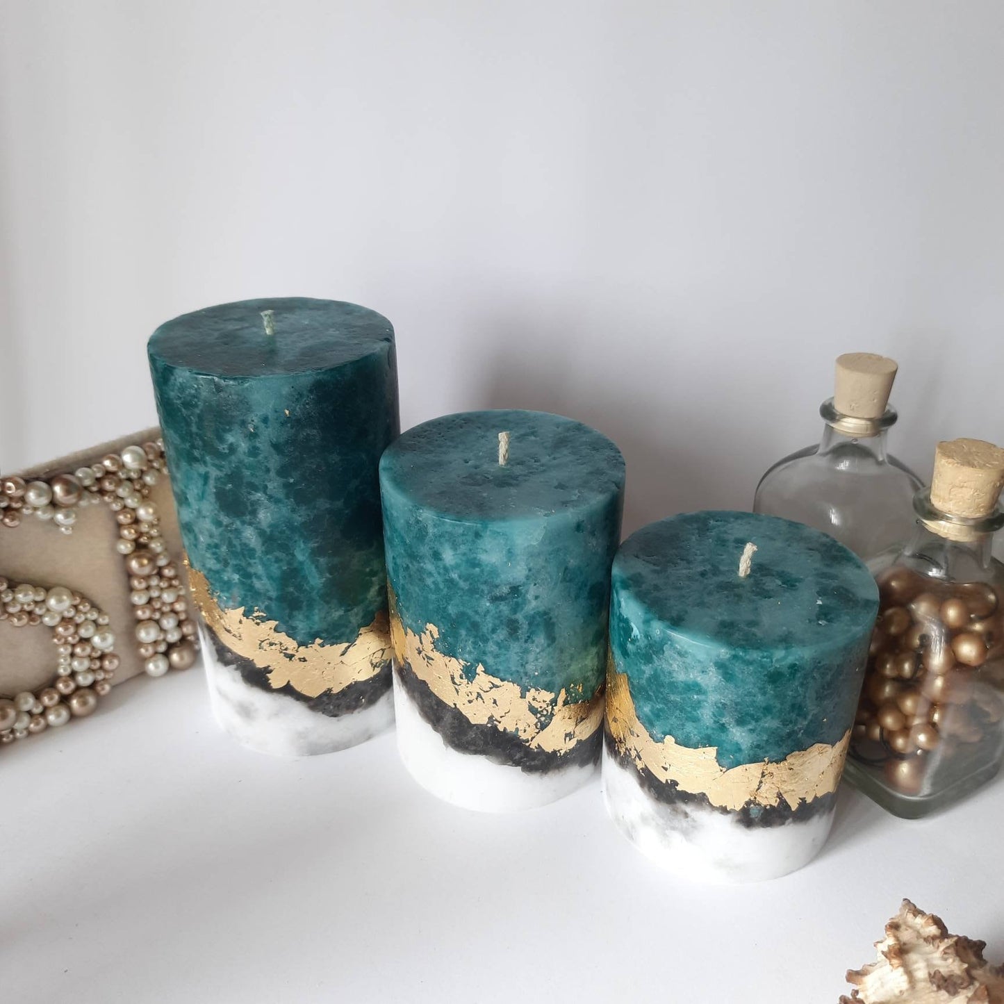 Set of 3 Gold teal pillar candles, unique candles for teal decor. Turquoise Decorative candle gift. Unscented candles