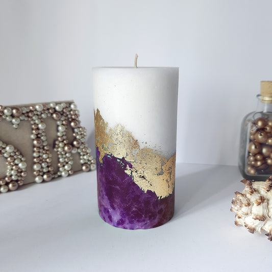 Purple Gold Pillar Candles. Decorative candles for purple decor or candle gift. Unscented candles