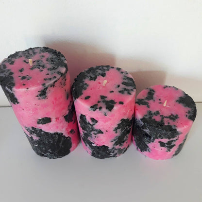 Pink and Black Pillar Candle. Pink Table Centerpiece. Pink Room Accessory. Pink Pank Gift Decore.