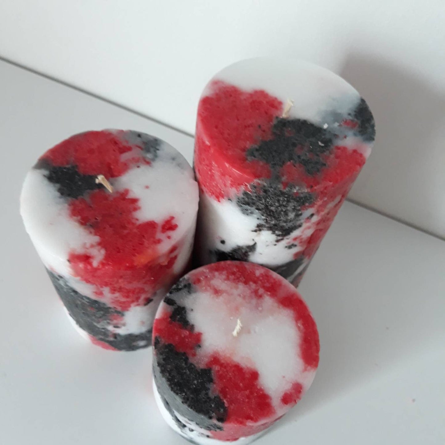 Black White Red Pillar Decorative candles. Unique pillar candles. Centerpiece candles