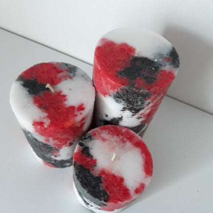 Black White Red Pillar Decorative candles. Unique pillar candles. Centerpiece candles
