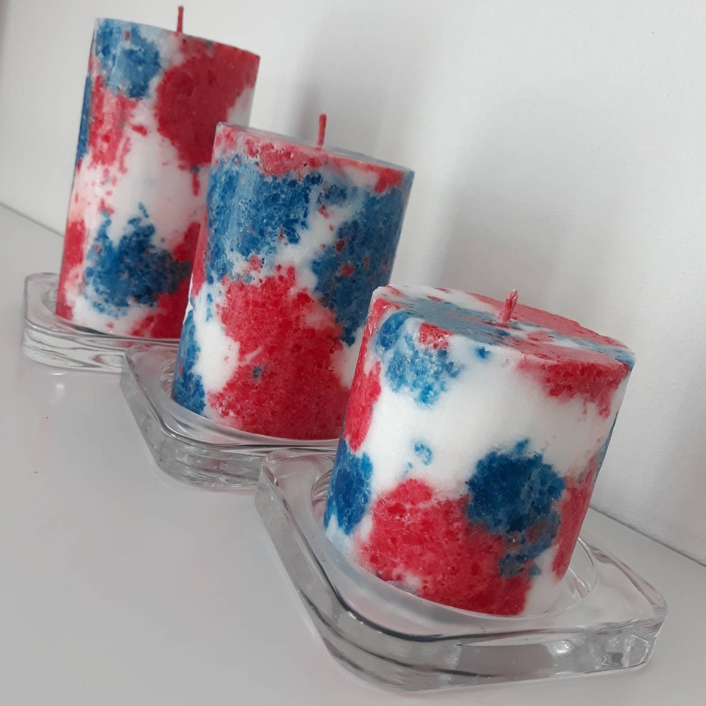 Unique pillar candles for patriotic decor. 4th of july home decor. Red white and blue independence day decor.