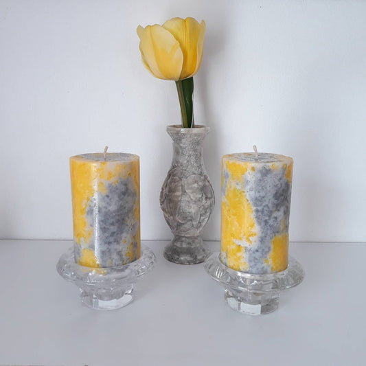 Marble decorative candles - yellow grey centerpiece. Yellow grey decor. Uniqe festive candle.